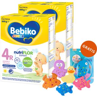 Zestaw Bebiko Junior 4R Nutriflor Expert, odżywcza formuła na bazie mleka z kleikiem ryżowym, powyżej 2 roku, 2 x 600 g + Canpol Babies, zestaw zabawek do kąpieli, 5 sztuk gratis - zdjęcie produktu