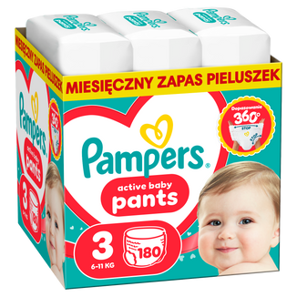 Pampers Active Baby Pants 3 (6-11 kg), pieluchomajtki, 180 sztuk Pampers Active Baby Pants 3 (6-11 kg), pieluchomajtki, 180 sztuk - zdjęcie produktu
