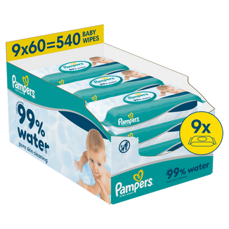 Pampers 99% Water, chusteczki nawilżane, 9 x 60 sztuk Pampers 99% Water, chusteczki nawilżane, 9 x 60 sztuk - zdjęcie produktu