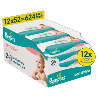 Pampers Sensitive, chusteczki nawilżane, delikatna skóra dzieci i niemowląt, 12 x 52 sztuki - zdjęcie produktu