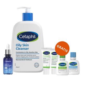 Zestaw Cetaphil Oily Skin Cleanser, żel oczyszczający do skóry tłustej, mieszanej i wrażliwej, 236 ml + serum naprawcze do twarzy na noc, 30 ml + zestaw mini produktów gratis - zdjęcie produktu