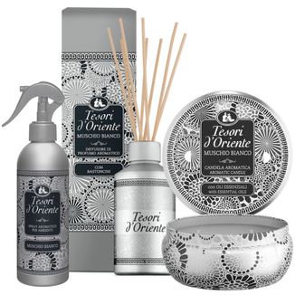 Zestaw Tesori d'Oriente, świeca zapachowa, Muschio Bianco, 200 g + odświeżacz powietrza w sprayu, 250 ml + dyfuzor z patyczkami, 200 ml - zdjęcie produktu