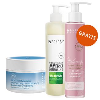 Zestaw Balneokosmetyki, biosiarczkowe mydło mineralne w płynie, 250 ml + maska oczyszczająco-wygładzająca do twarzy, szyi i dekoltu, 150 ml + jogurt do ciała, 250 ml gratis - zdjęcie produktu
