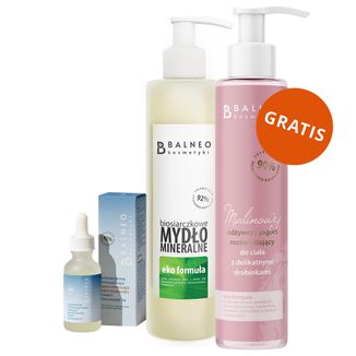 Zestaw Balneokosmetyki, biosiarczkowe mydło mineralne w płynie, 250 ml + serum niwelujące niedoskonałości twarzy, niacynamid 5%, 30 ml + jogurt do ciała, 250 ml gratis - zdjęcie produktu