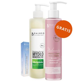 Zestaw Balneokosmetyki, biosiarczkowe mydło mineralne w płynie, 250 ml + żel punktowy do twarzy usuwający niedoskonałości, 15 ml + jogurt do ciała, 250 ml gratis - zdjęcie produktu