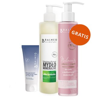Zestaw Balneokosmetyki, biosiarczkowe mydło mineralne w płynie, 250 ml + krem do stóp i pięt, 100 ml + jogurt do ciała, 250 ml gratis - zdjęcie produktu