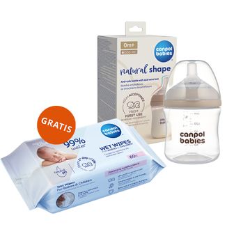 Canpol Babies, butelka antykolkowa Natural Shape ze smoczkiem dwustrefowym, od urodzenia, 150 ml + chusteczki nawilżane dla niemowląt i dzieci, 60 sztuk gratis - zdjęcie produktu