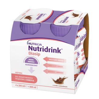 Nutridrink Diasip, preparat odżywczy dla diabetyków, smak czekoladowy, 4 x 200 ml USZKODZONE OPAKOWANIE - zdjęcie produktu