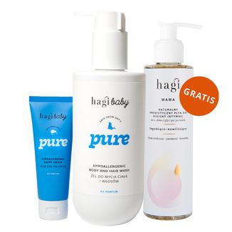 Zestaw Hagi Baby Pure, hipoalergiczny żel do mycia ciała i włosów dla dzieci od 1. dnia życia, 300 ml + krem pod pieluszkę, 75 ml + płyn do higieny intymnej, 200 ml gratis - zdjęcie produktu