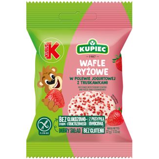 Kupiec & Kubuś Wafle Ryżowe w polewie jogurtowej z liofilizowaną truskawką, 32 g - zdjęcie produktu