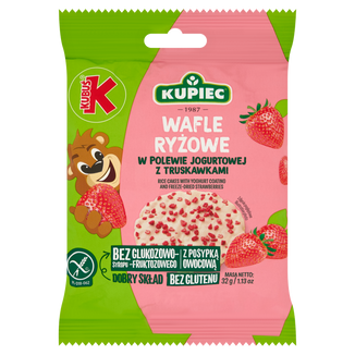 Kupiec & Kubuś Wafle Ryżowe w polewie jogurtowej z liofilizowaną truskawką, 32 g Kupiec & Kubuś Wafle Ryżowe w polewie jogurtowej z liofilizowaną truskawką, 32 g - zdjęcie produktu