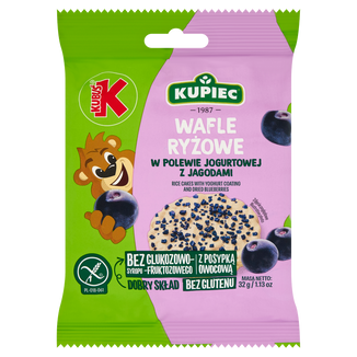Kupiec & Kubuś Wafle Ryżowe w polewie jogurtowej z suszoną jagodą, 32 g - zdjęcie produktu