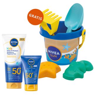 Zestaw Nivea Sun Kids Daily UV Protection, balsam do opalania dla dzieci do twarzy i ciała, SPF 50+, 100 ml + balsam ochronny, SPF 50+, 50 ml + wiaderko z akcesoriami gratis - zdjęcie produktu