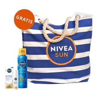 Zestaw Nivea Sun Protect & Dry Touch, balsam do opalania w aerozolu, SPF 30, 200 ml + serum do twarzy 2w1, SPF 50+, 30 ml + torba plażowa gratis - zdjęcie produktu