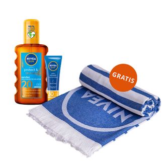 Zestaw Nivea Sun Protect & Bronze, olejek do opalania w sprayu aktywujący naturalną opaleniznę, SPF 20, 200 ml + krem do twarzy, SPF 30, 50 ml + ręcznik plażowy gratis - zdjęcie produktu