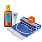 Zestaw Nivea Sun, serum po opalaniu do twarzy i ciała, 100 ml + olejek do opalania w sprayu aktywujący naturalną opaleniznę, SPF 30, 200 ml + ręcznik plażowy gratis - miniaturka zdjęcia produktu