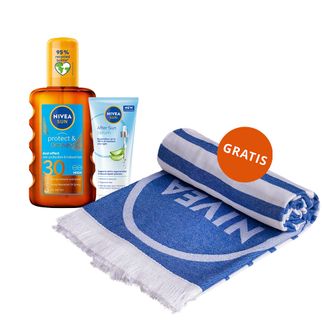 Zestaw Nivea Sun, serum po opalaniu do twarzy i ciała, 100 ml + olejek do opalania w sprayu aktywujący naturalną opaleniznę, SPF 30, 200 ml + ręcznik plażowy gratis - zdjęcie produktu