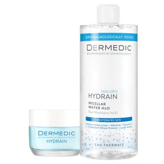 Zestaw Dermedic Hydrain, ultranawilżający krem-żel do twarzy, skóra sucha, 50 ml + płyn micelarny H2O, skóra odwodniona i sucha, 500 ml - zdjęcie produktu
