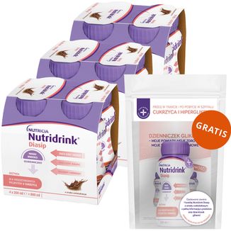 Zestaw Nutridrink Diasip, preparat odżywczy dla diabetyków, smak czekoladowy, 12 x 200 ml + smak czekoladowy, 200 ml i dzienniczek glikemii gratis - zdjęcie produktu