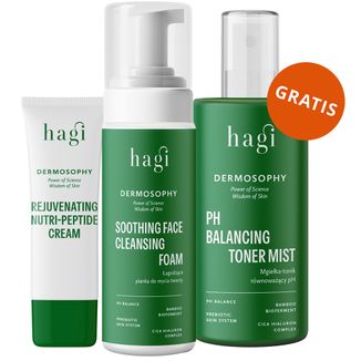 Zestaw Hagi Dermosophy, łagodząca pianka do mycia twarzy, 150 ml + rewitalizujący krem z nutripeptydami, 50 ml + mgiełka-tonik, 150 ml gratis - zdjęcie produktu