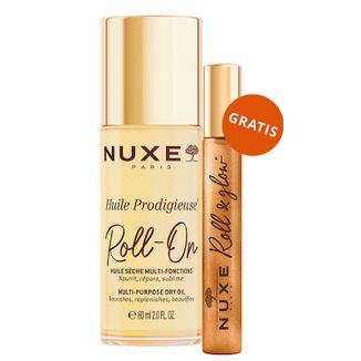 Nuxe Huile Prodigieuse, suchy olejek do ciała, twarzy i włosów, roll-on, 60 ml + olejek ze złotymi drobinkami do ciała, twarzy i włosów, roll-on, 8 ml gratis - zdjęcie produktu