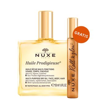 Nuxe Huile Prodigieuse, suchy olejek do ciała, twarzy i włosów, 50 ml + olejek ze złotymi drobinkami do ciała, twarzy i włosów, roll-on, 8 ml gratis Nuxe Huile Prodigieuse, suchy olejek do ciała, twarzy i włosów, 50 ml + olejek ze złotymi drobinkami do ciała, twarzy i włosów, roll-on, 8 ml gratis - zdjęcie produktu