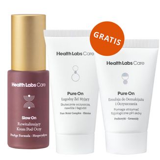 Health Labs Slow On, rewitalizujący krem pod oczy, 15 ml + łagodny żel myjący, 30 ml i emulsja do demakijażu i oczyszczania, 20 ml gratis Health Labs Slow On, rewitalizujący krem pod oczy, 15 ml + łagodny żel myjący, 30 ml i emulsja do demakijażu i oczyszczania, 20 ml gratis - zdjęcie produktu