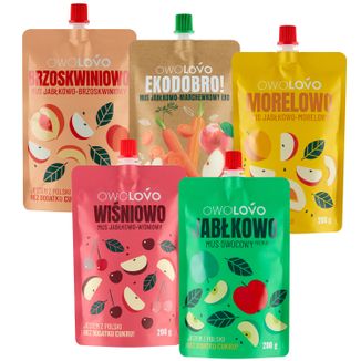 Zestaw Owolovo Brzoskwiniowo Mus jabłkowo-brzoskwiniowy w tubce, 200 g + jabłko-marchewka, 200 g + jabłko-morela, 200 g + jabłko-wiśnia, 200 g + jabłko, 200 g - zdjęcie produktu