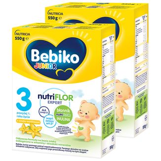Zestaw Bebiko Junior 3 Nutriflor Expert, odżywcza formuła na bazie mleka, powyżej 1 roku, smak waniliowy, 2 x 550 g - zdjęcie produktu