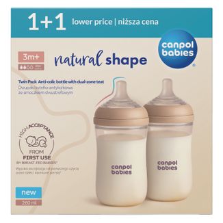 Zestaw Canpol Babies, butelka antykolkowa Natural Shape ze smoczkiem dwustrefowym, od urodzenia, 2 x 260 ml - zdjęcie produktu