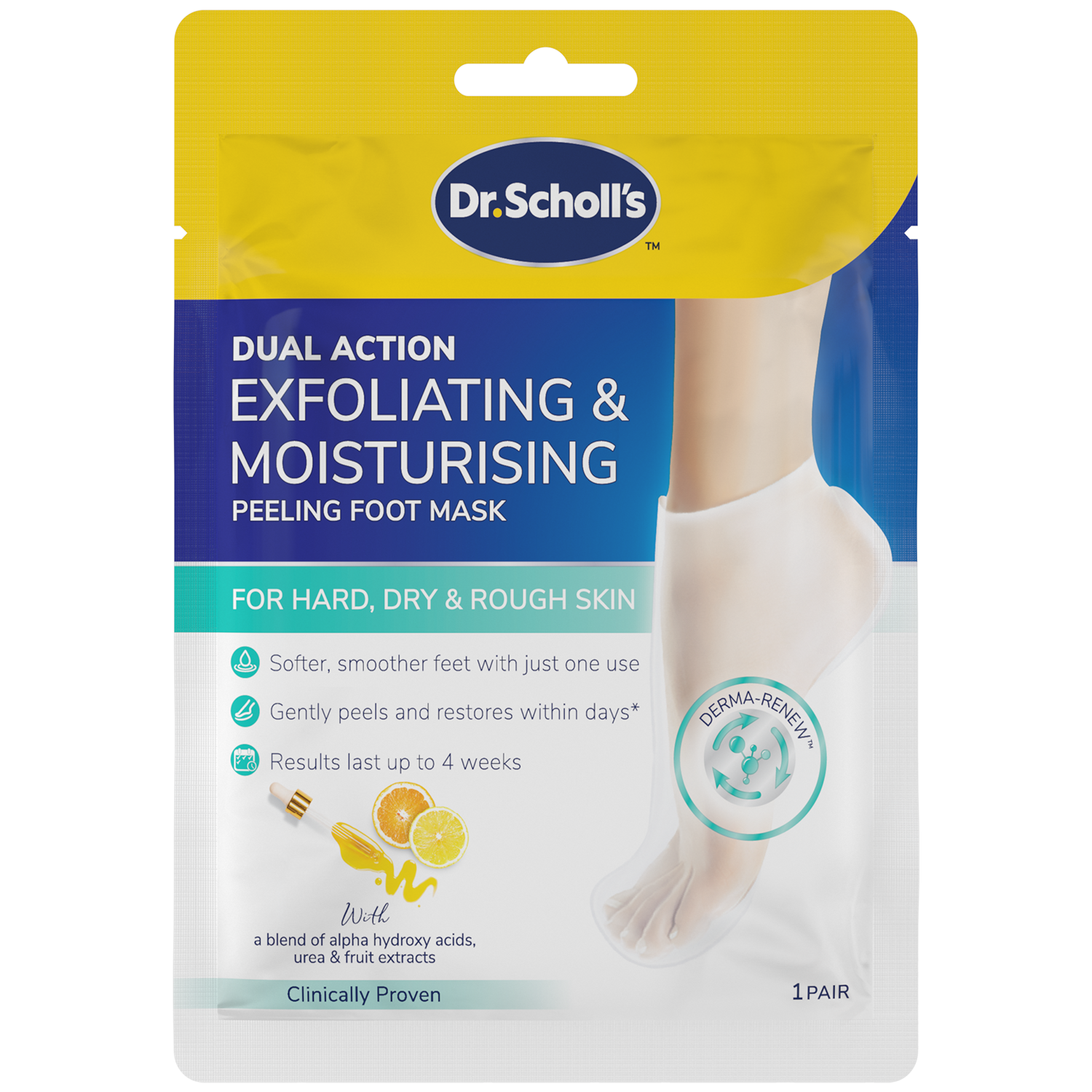 Scholl Dr. Scholl's Dual Action Exfoliating Moisturising Peeling Foot Mask, Maske peelend für die Füße, peelend und feuchtigkeitsspendend, 1 Paar — Inhaltsstoffe und Bewertung