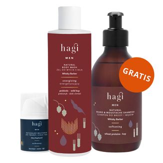Zestaw Hagi Whisky Barber, żel do mycia ciała, energetyzujący, 300 ml + multikrem do twarzy, ciała i rąk, ochronny, 50 ml + szampon do brody i wąsów, zmiękczający, 300 ml gratis Zestaw Hagi Whisky Barber, żel do mycia ciała, energetyzujący, 300 ml + multikrem do twarzy, ciała i rąk, ochronny, 50 ml + szampon do brody i wąsów, zmiękczający, 300 ml gratis - zdjęcie produktu