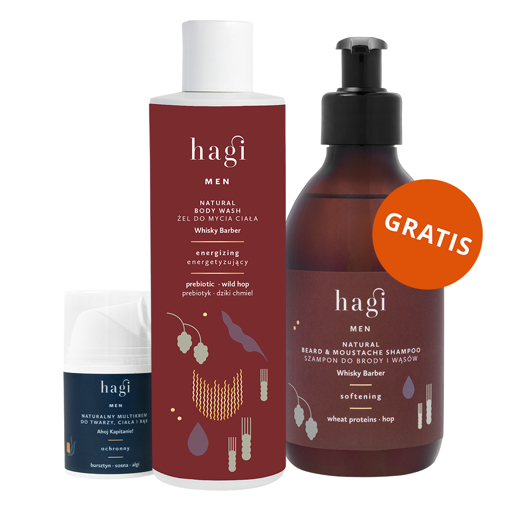 Nieznana Zestaw Hagi Whisky Barber, żel do mycia ciała, energetyzujący, 300 ml + multikrem do twarzy, ciała i rąk, ochronny, 50 ml + szampon do brody i wąsów, zmiękczający, 300 ml gratis