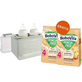 Canpol Babies, podgrzewacz i sterylizator 7w1, z termostatem i lampką + BoboVita Porcja Zbóż Kaszka manna, brzoskwinia-banan, mleczna, po 4 miesiącu, 2 x 210 g gratis - zdjęcie produktu