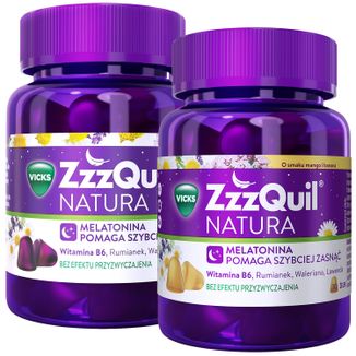 Zestaw ZzzQuil Natura, żelki, 30 sztuk + smak mango-banan, 30 sztuk Zestaw ZzzQuil Natura, żelki, 30 sztuk + smak mango-banan, 30 sztuk - zdjęcie produktu