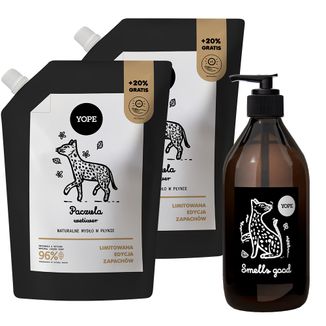 Zestaw Yope Paczula i Wetiwer, naturalne mydło w płynie, zapas, 2 x 600 ml + butelka na mydło, szklana, 500 ml - zdjęcie produktu