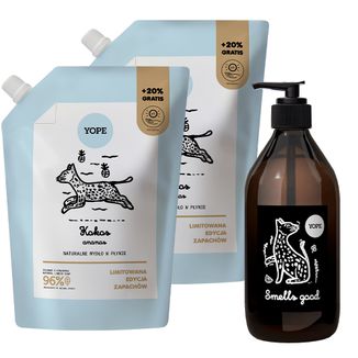 Zestaw Yope Kokos i Ananas, naturalne mydło w płynie, zapas, 2 x 600 ml + butelka na mydło, szklana, 500 ml Zestaw Yope Kokos i Ananas, naturalne mydło w płynie, zapas, 2 x 600 ml + butelka na mydło, szklana, 500 ml - zdjęcie produktu