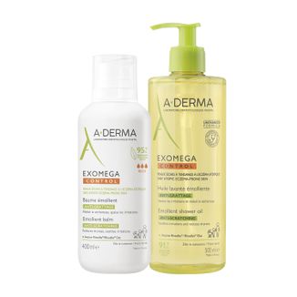 Zestaw A-Derma Exomega Control, olejek emolient pod prysznic przeciw drapaniu, 500 ml + balsam emolient, łagodzący atopowe zapalenie skóry, skóra sucha i skłonna do atopii, 400 ml - zdjęcie produktu