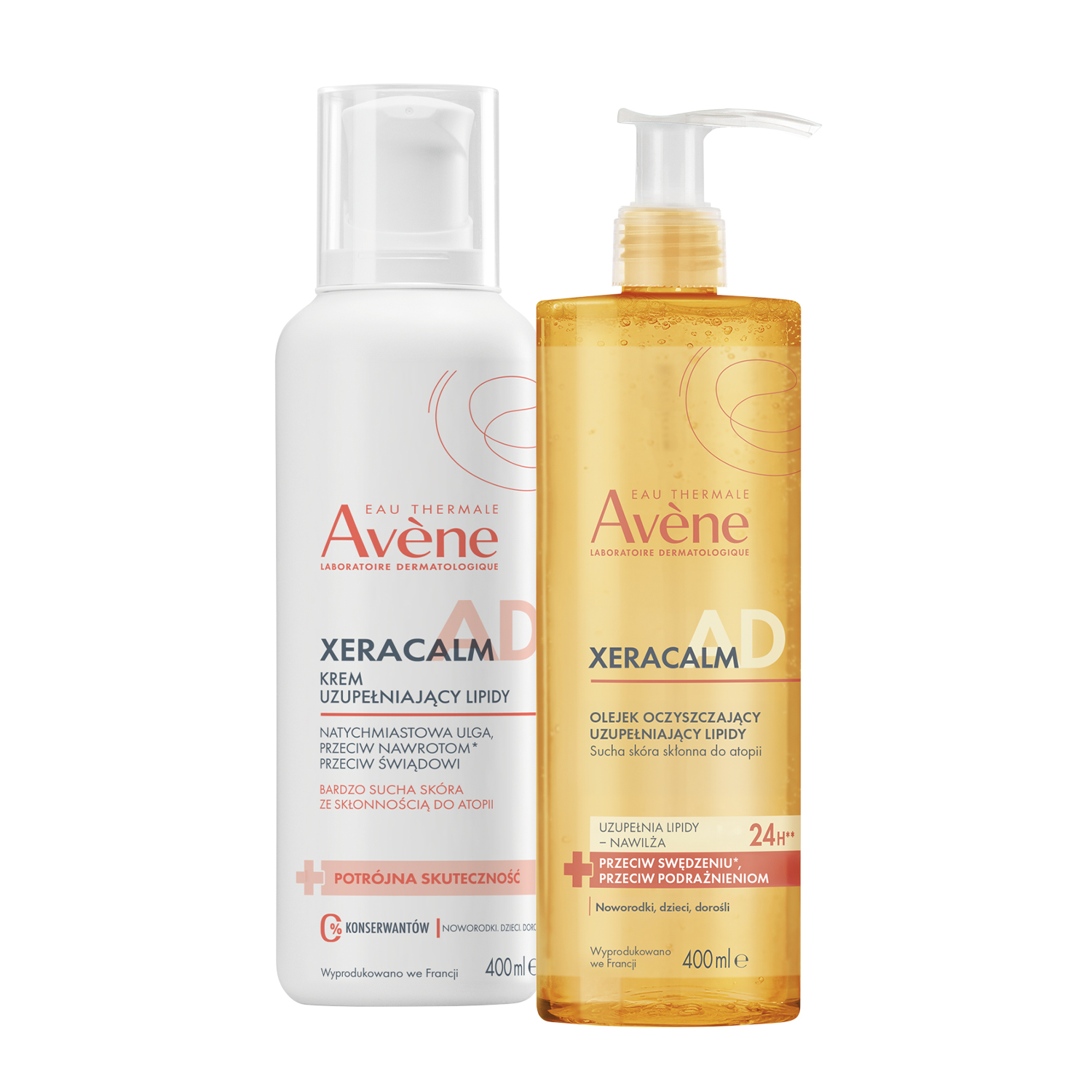 Набор Avene XeraCalm A.D: крем для лица и тела 400 мл и очищающее масло 400 мл, для очень сухой и атопичной кожи