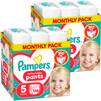 Zestaw Pampers Active Baby Pants 5 (11-17 kg), pieluchomajtki, 2 x 136 sztuk Zestaw Pampers Active Baby Pants 5 (11-17 kg), pieluchomajtki, 2 x 136 sztuk - zdjęcie produktu