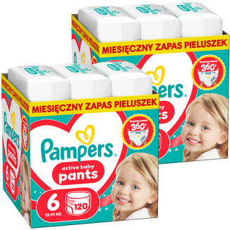 Zestaw Pampers Active Baby Pants 6 (13-19 kg), pieluchomajtki, 2 x 120 sztuk Zestaw Pampers Active Baby Pants 6 (13-19 kg), pieluchomajtki, 2 x 120 sztuk - zdjęcie produktu