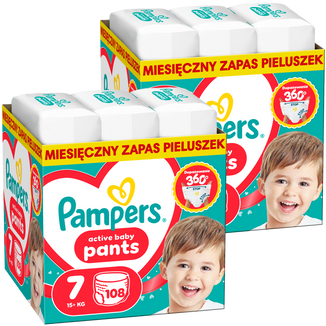 Zestaw Pampers Active Baby Pants 7 (15+ kg), pieluchomajtki, 2 x 108 sztuk Zestaw Pampers Active Baby Pants 7 (15+ kg), pieluchomajtki, 2 x 108 sztuk - zdjęcie produktu