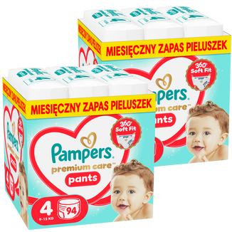 Zestaw Pampers Premium Care Pants 4 (9-15 kg), pieluchomajtki, 2 x 94 sztuki Zestaw Pampers Premium Care Pants 4 (9-15 kg), pieluchomajtki, 2 x 94 sztuki - zdjęcie produktu