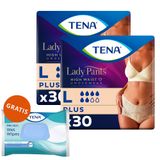 Zestaw Tena Lady Pants Creme Plus, majtki chłonne, rozmiar L, 95-130 cm, 2 x 30 sztuk + chusteczki nawilżane 3w1, z klipsem, 48 sztuk gratis - miniaturka zdjęcia produktu