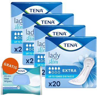 Zestaw Tena Lady Slim, podpaski specjalistyczne, Extra, 4 x 20 sztuk + chusteczki nawilżane 3w1, z klipsem, 48 sztuk gratis Zestaw Tena Lady Slim, podpaski specjalistyczne, Extra, 4 x 20 sztuk + chusteczki nawilżane 3w1, z klipsem, 48 sztuk gratis - zdjęcie produktu