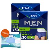Zestaw Tena Men Active Fit Pants, majtki chłonne, rozmiar L/XL, 95-130 cm, Plus, 2 x 30 sztuk + chusteczki nawilżane 3w1, z klipsem, 48 sztuk gratis - miniaturka zdjęcia produktu