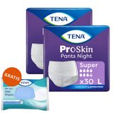 Zestaw Tena Pants ProSkin Super Night, majtki chłonne, rozmiar L, 100-135 cm, 2 x 30 sztuk + chusteczki nawilżane 3w1, z klipsem, 48 sztuk gratis - miniaturka zdjęcia produktu