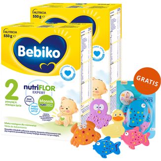 Zestaw Bebiko 2 Nutriflor Expert, mleko następne, powyżej 6 miesiąca, 2 x 550 g + zestaw zabawek do kąpieli z przyssawkami, od urodzenia, 5 sztuk gratis - zdjęcie produktu