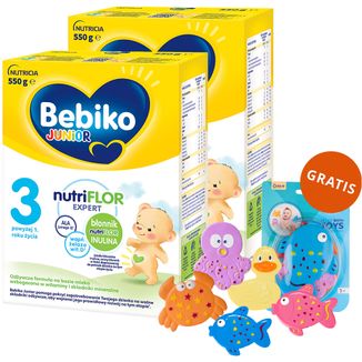 Zestaw Bebiko Junior 3 Nutriflor Expert, odżywcza formuła na bazie mleka, powyżej 1 roku, 2 x 550 g + zestaw zabawek do kąpieli z przyssawkami, od urodzenia, 5 sztuk gratis - zdjęcie produktu