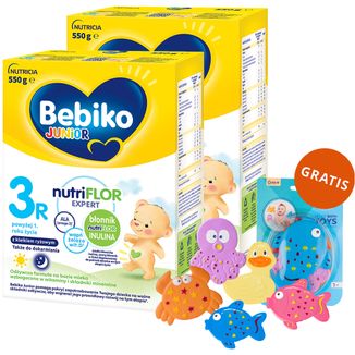 Zestaw Bebiko Junior 3R Nutriflor Expert, odżywcza formuła na bazie mleka z kleikiem ryżowym, powyżej 1 roku, 2 x 550 g + zestaw zabawek do kąpieli, 5 sztuk gratis - zdjęcie produktu